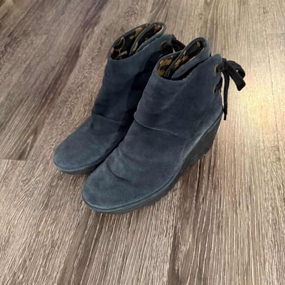 Fly London Yama Navy Blue Suede Ankle Wedge Booties - Picture 5 of 9